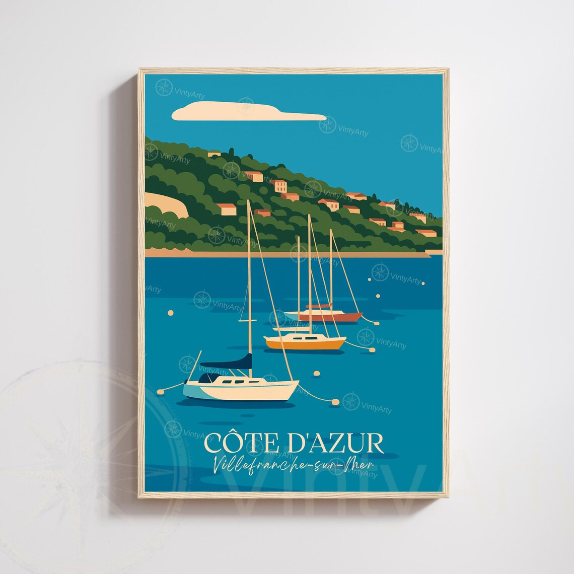 Cote d'Azur Villefranche-sur-Mer Sailboats Bay Vintage Travel Poster