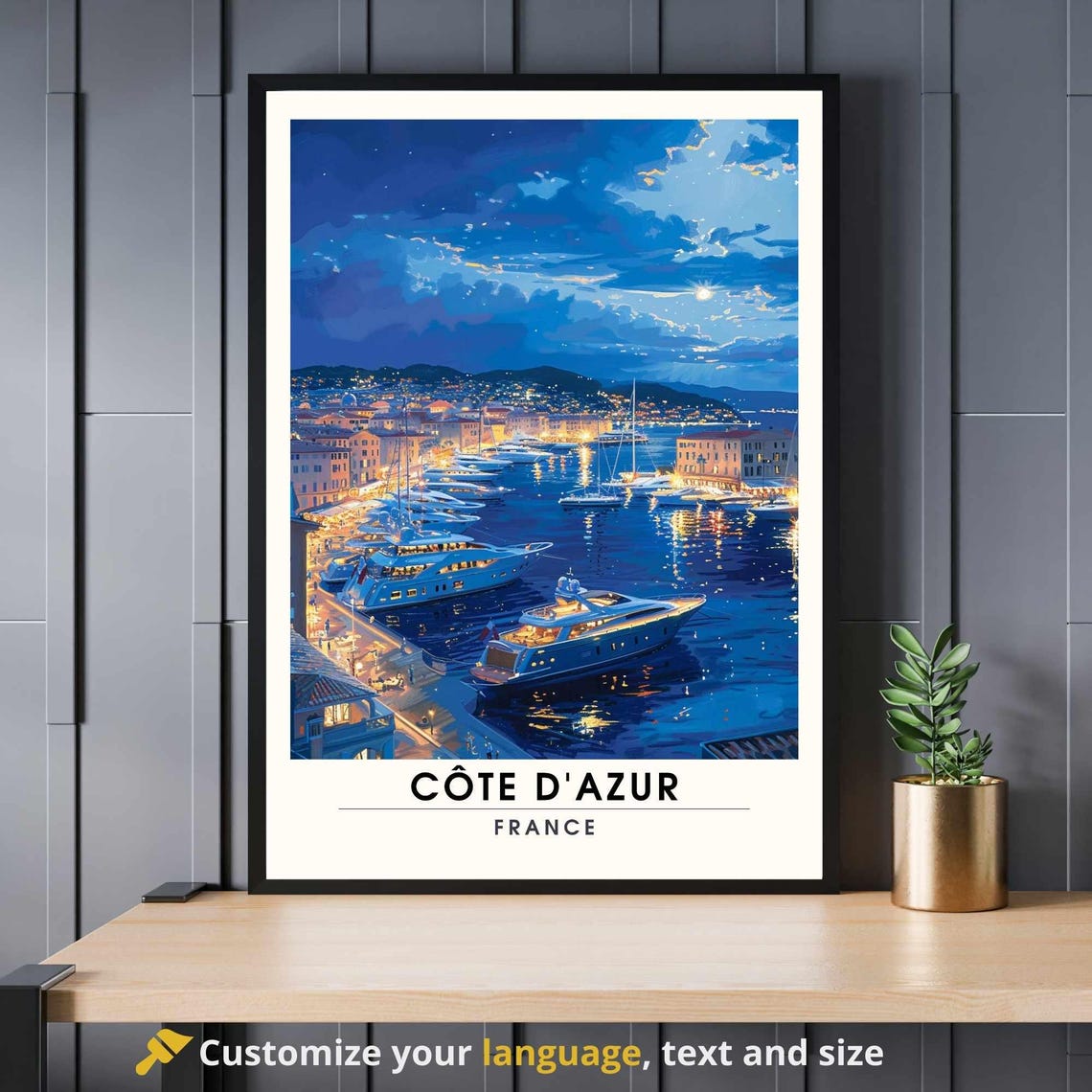 Cote dAzur Moonlit Harbor Yachts France Night Travel Poster Art