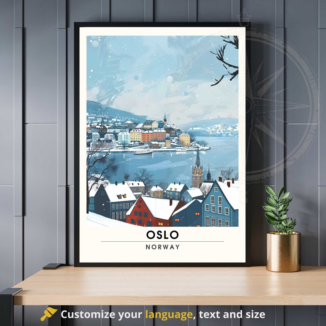 Oslo Norway Winter Cityscape Snowy Harbor Illustration Travel Poster