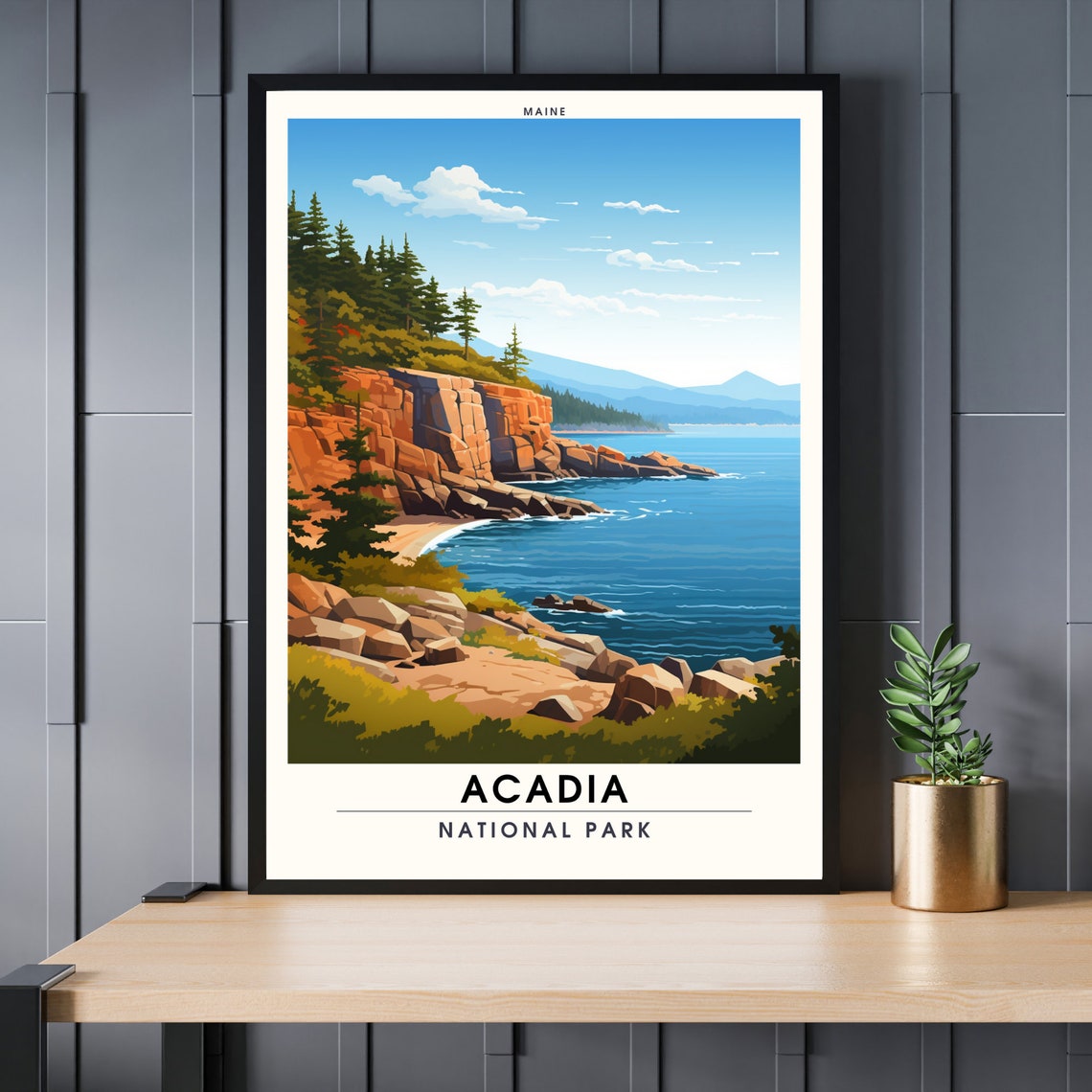 Acadia National Park Maine Rocky Cliffs Coastline Vintage Poster