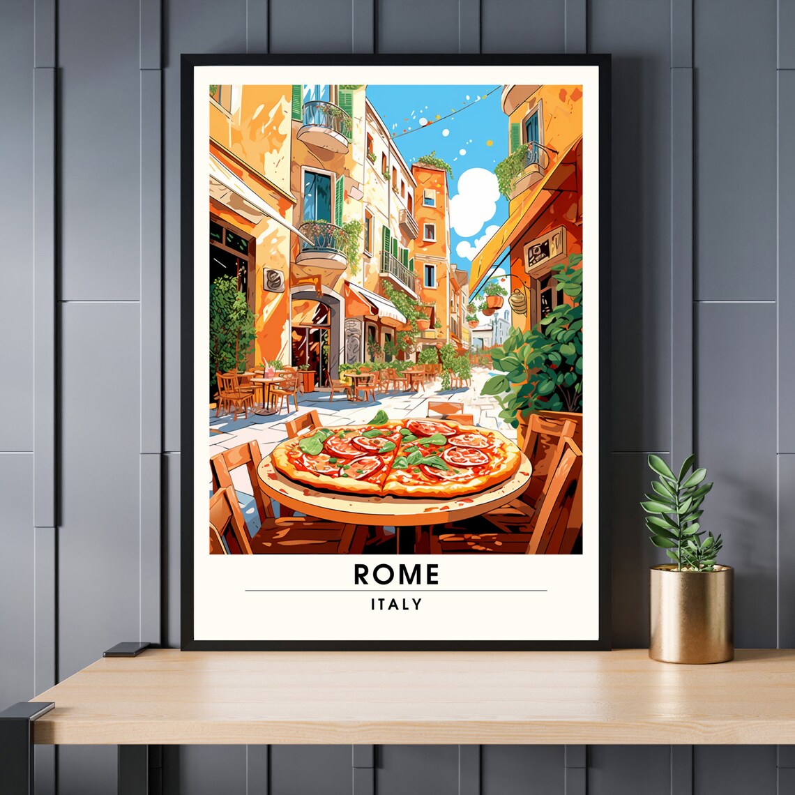 Rome Italy Street Cafe Pizza Night Vintage Travel Wall Decor Poster