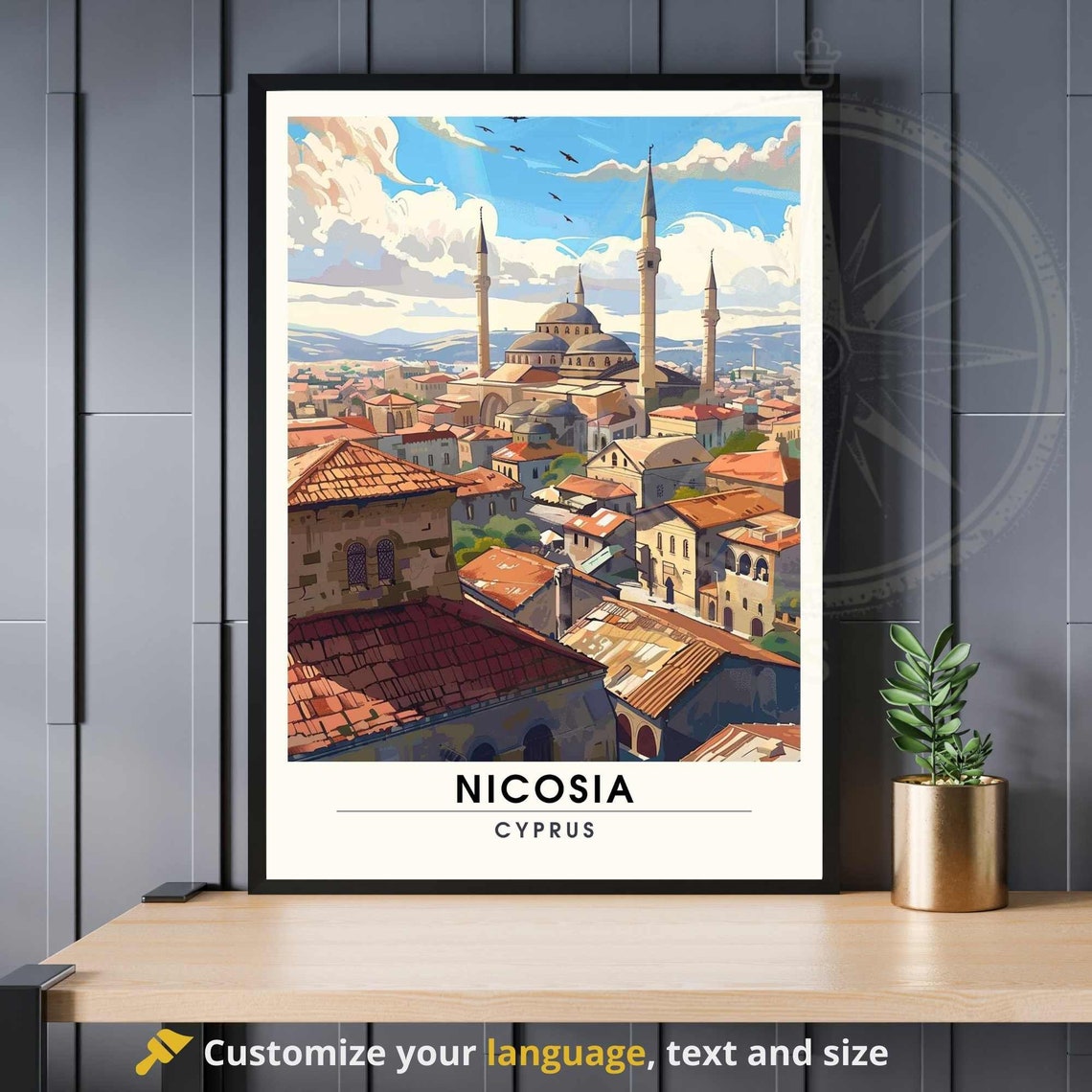 Nicosia Cyprus Travel Poster Selimiye Mosque Old Town Rooftops Art