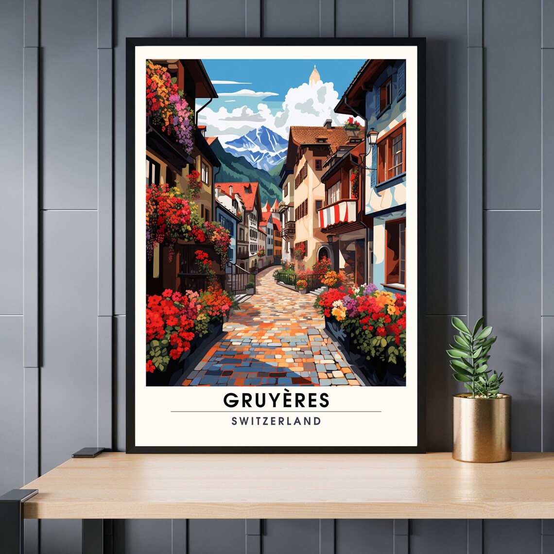 Gruyeres Switzerland Mountain Flower Village Street Travel Poster