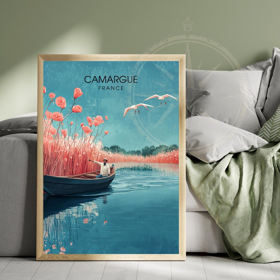 Camargue France Fisherman Boat Pink Reeds Flamingo Flight Poster