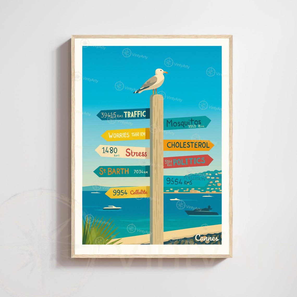 Cannes French Riviera Funny Signpost Seagull Beach Humor Travel Poster