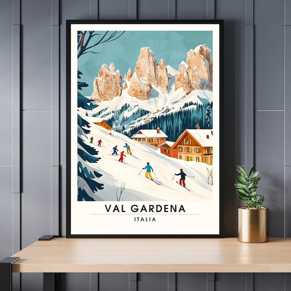 Val Gardena Italia Dolomites Ski Slope Vintage Poster Chalets