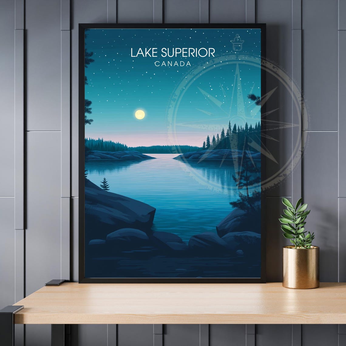 Lake Superior Canada Moonlit Night Sky Starry Lake Travel Poster