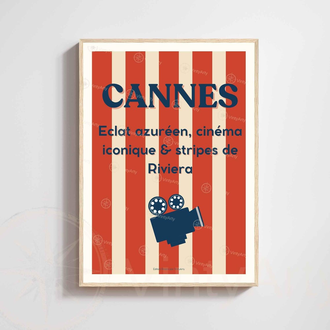 Cannes France Red Striped Cinema Camera Retro Riviera Art Poster