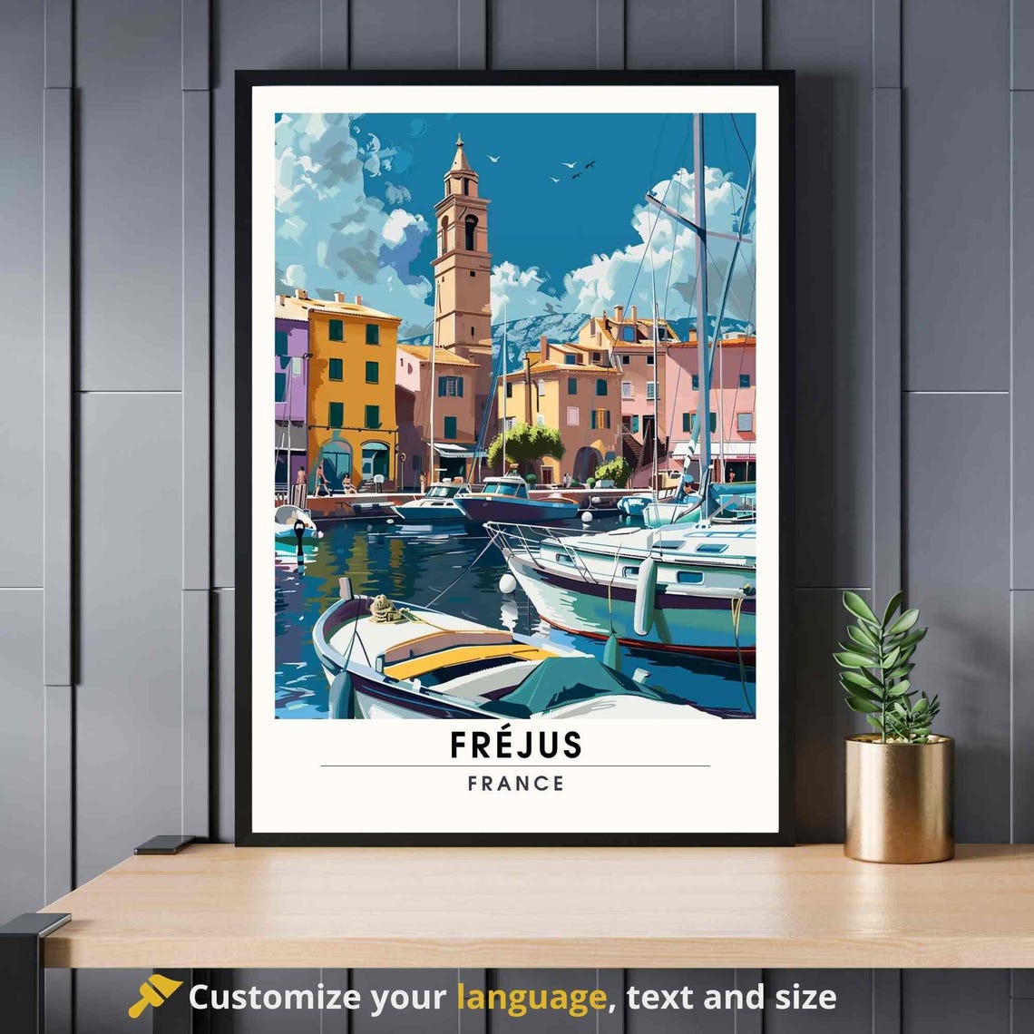Frejus France Travel Poster Colorful Harbor Sailboat Riviera Scene