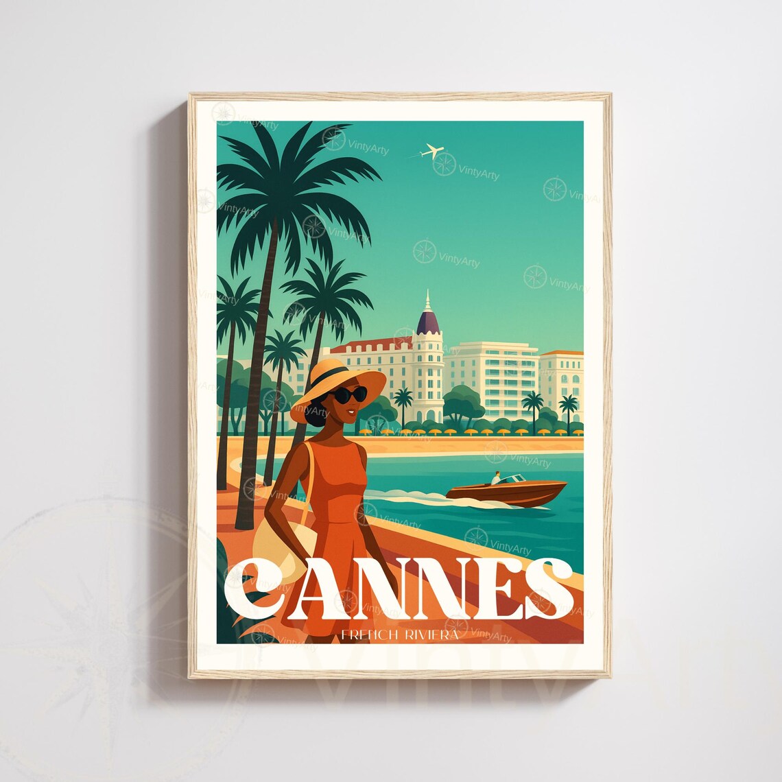Cannes French Riviera Retro Travel Poster Palm Beach Woman Art