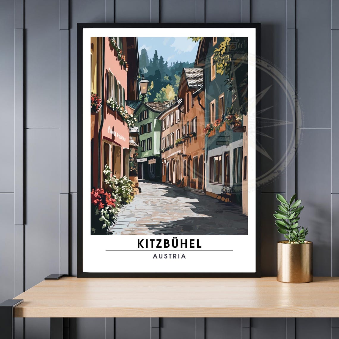 Kitzbuhel Austria Old Town Poster Illustrated Street Flowers Art Gift