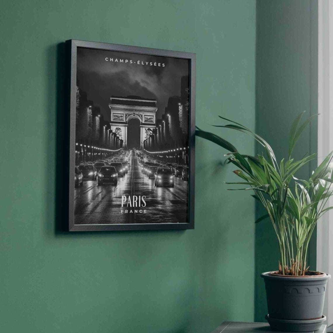 Paris Champs-Elysees Arc de Triomphe Night Traffic Black White Poster - Image 4