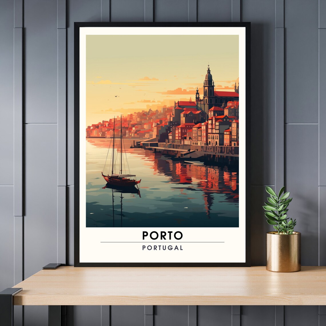 Porto Portugal Sunset Riverfront Old Town Vintage Travel Poster