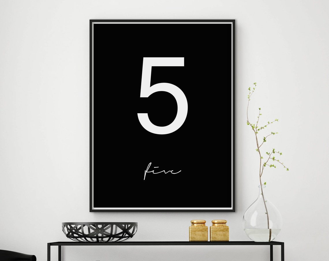 Giant White Number Five on Black Bold Script Five Typography Poster