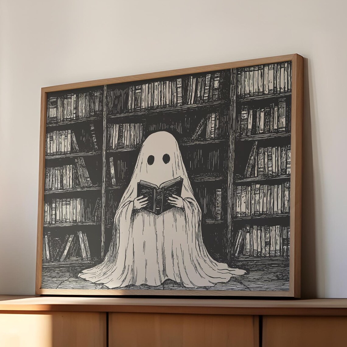 Ghost Reading Book Dark Library Vintage Engraved Halloween Poster - Image 3