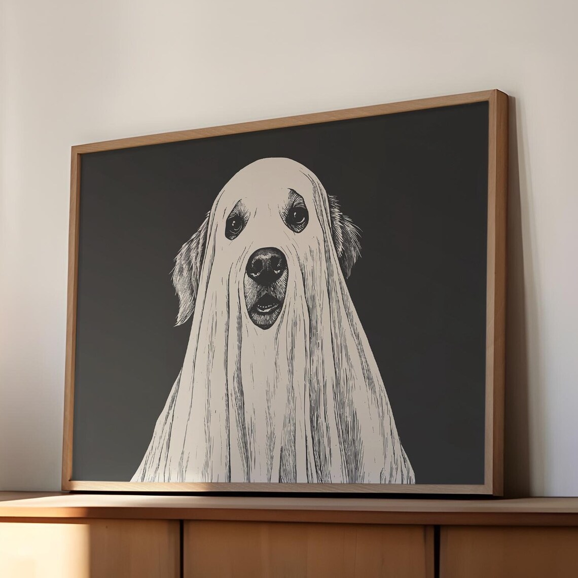 Golden Retriever In A Ghost Costume Cute Halloween Art Poster - Image 3