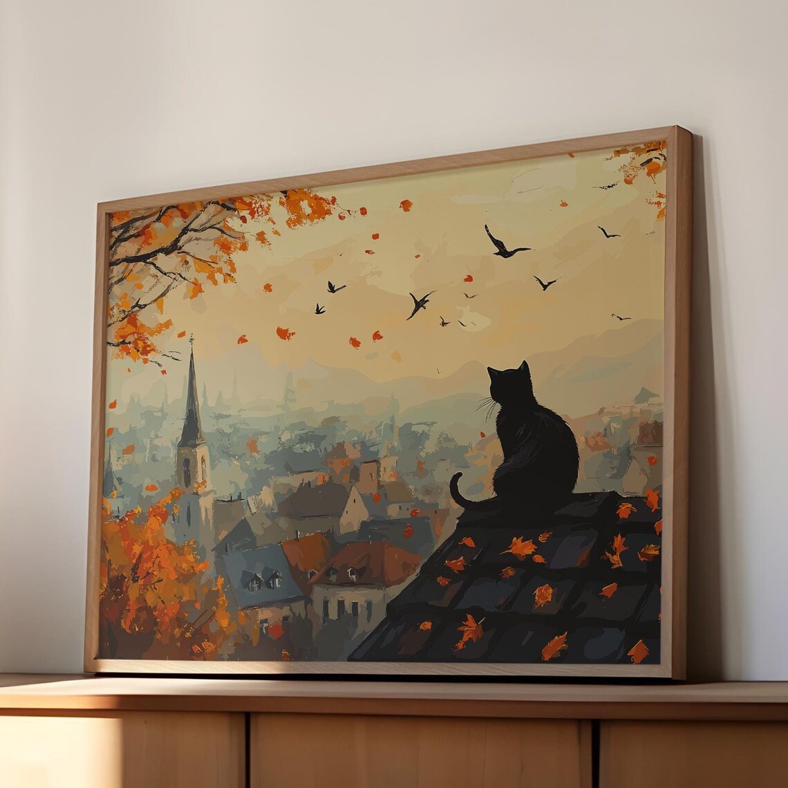 Black Cat On Rooftop Overlooking Autumn Town Painting Poster - Image 3