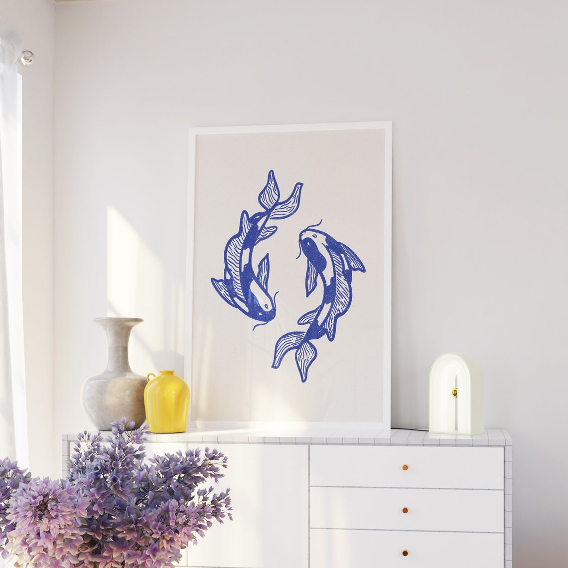Blue Koi Fish Circle Hand Drawn Japanese Minimalist Wall Art - Image 5