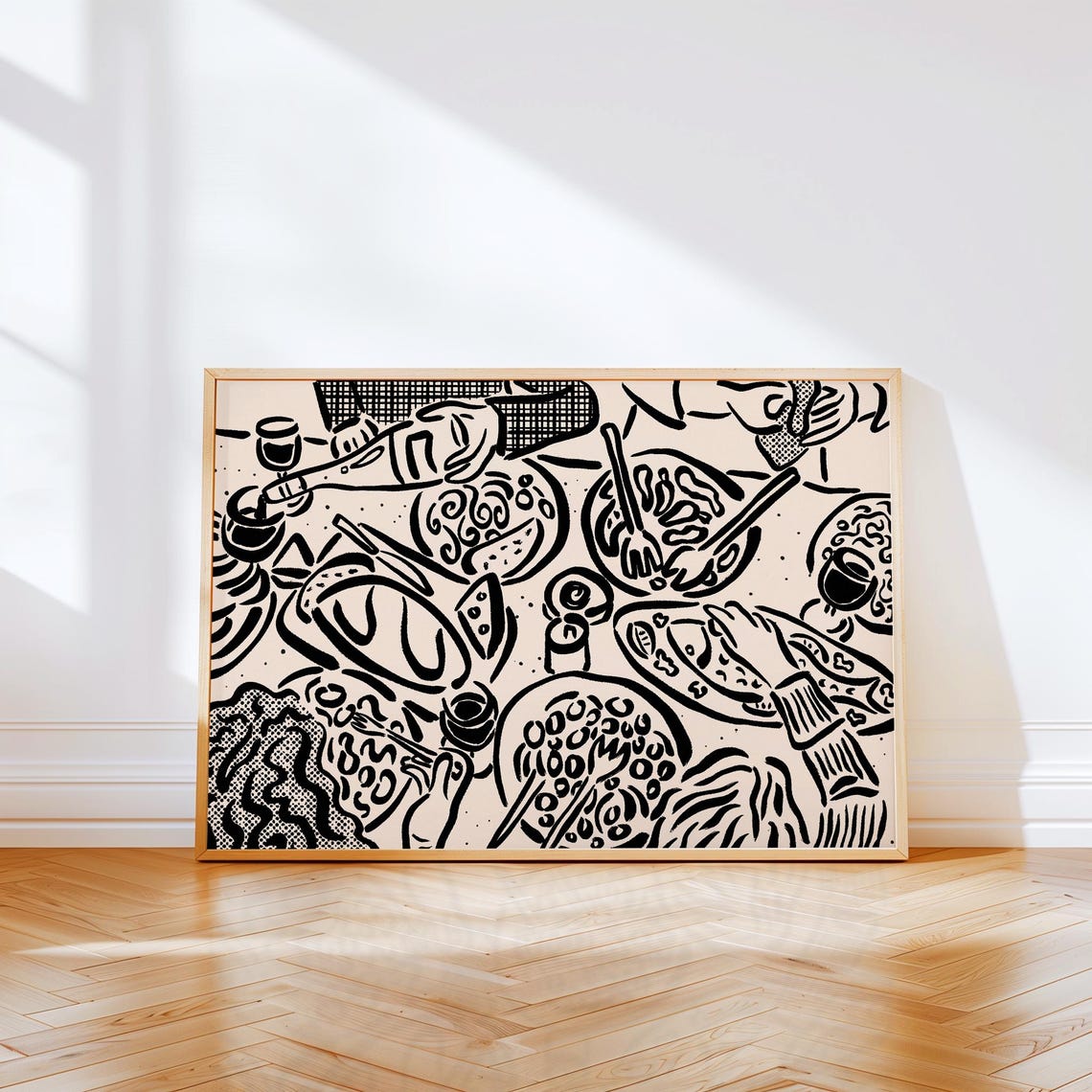Dinner Party Table With Pasta And Wine Line Art Kitchen Poster