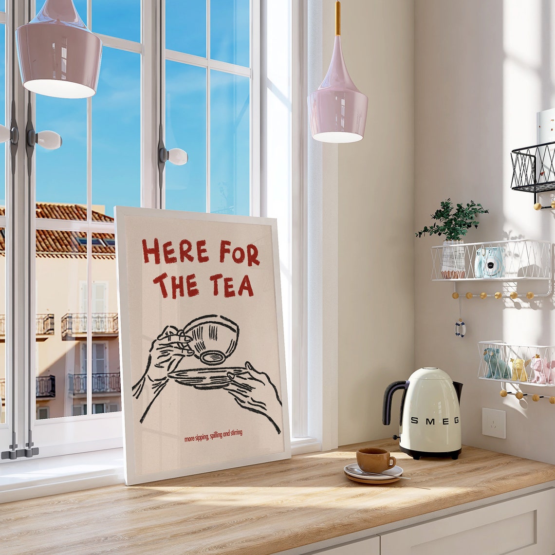 Here For The Tea Red Hand Drawn Teacup Illustration Cafe Poster - Image 4