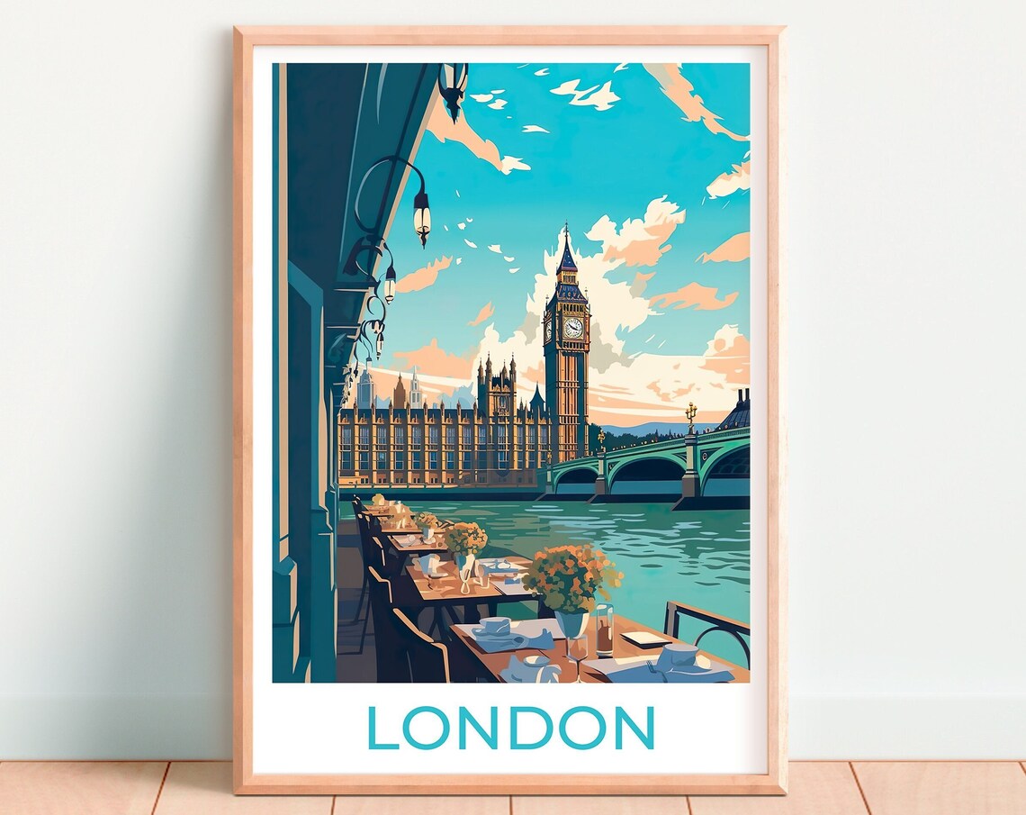 London Big Ben Parliament Thames Riverside Cafe Terrace View Poster - Image 4