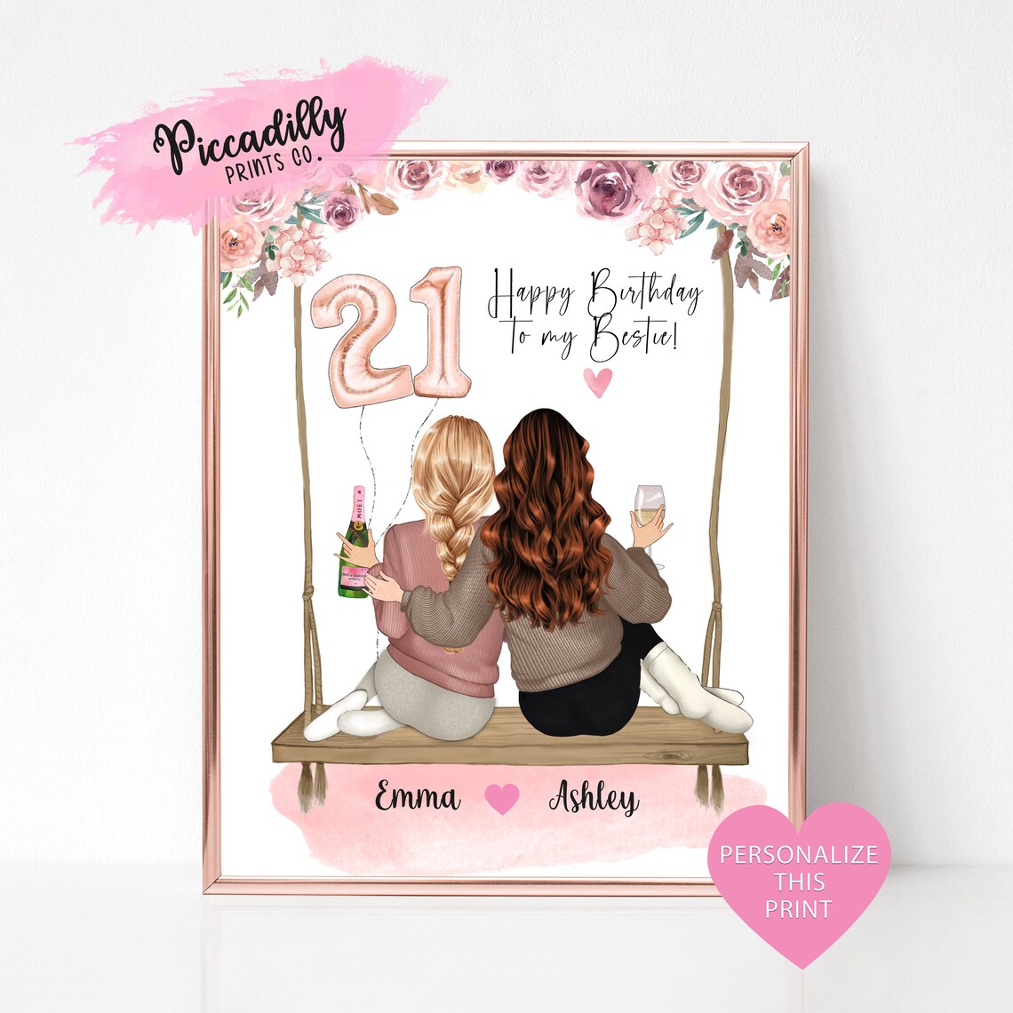 Best Friend 21st Birthday Personalised Portrait Art Print