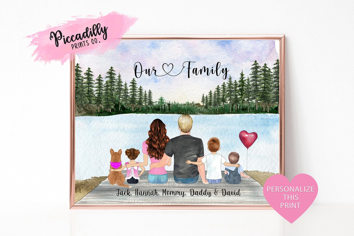 Custom Family Portrait With Pet, Personalised Art Print