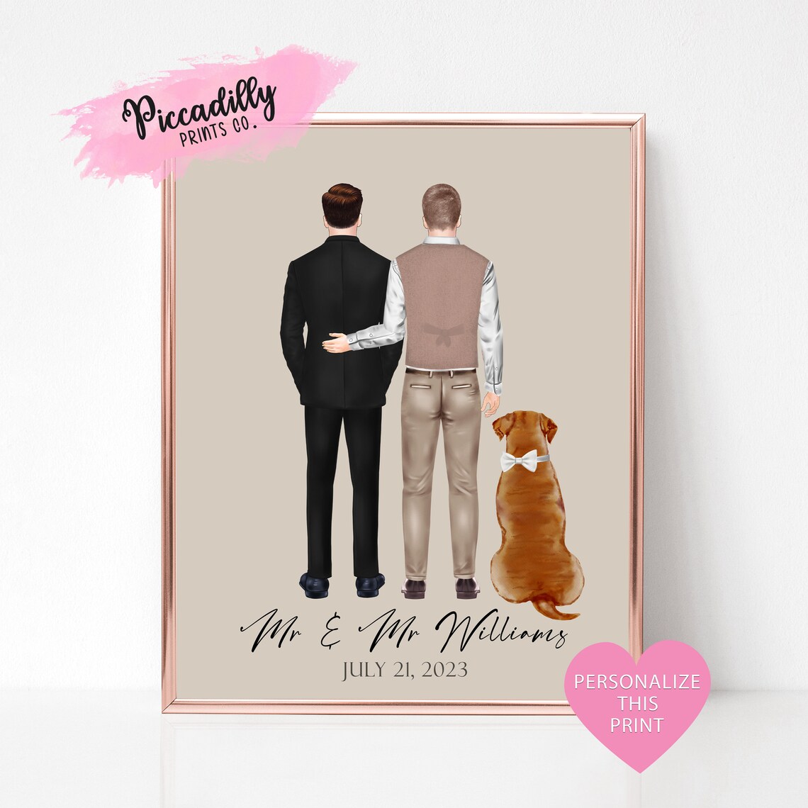 Mr And Gay Wedding Print, Personalized Couple With Dog