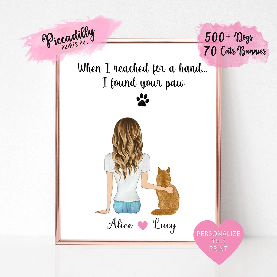 Personalized Cat Owner Portrait, Pet Mom Memorial Print