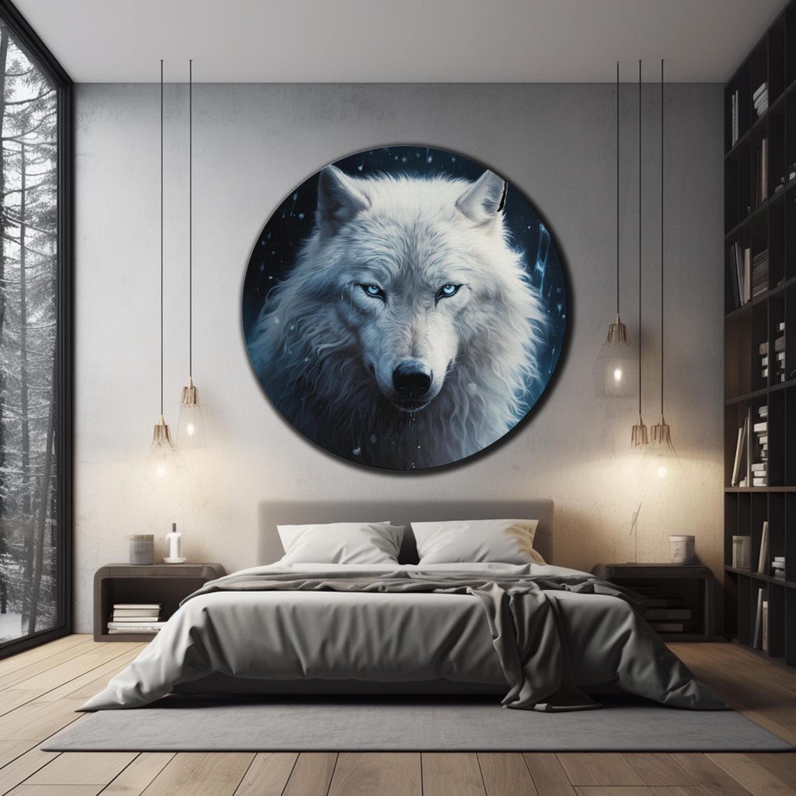 White Wolf Moonlight Blue Eyes Night Round Wildlife Wall Art Poster - Image 3