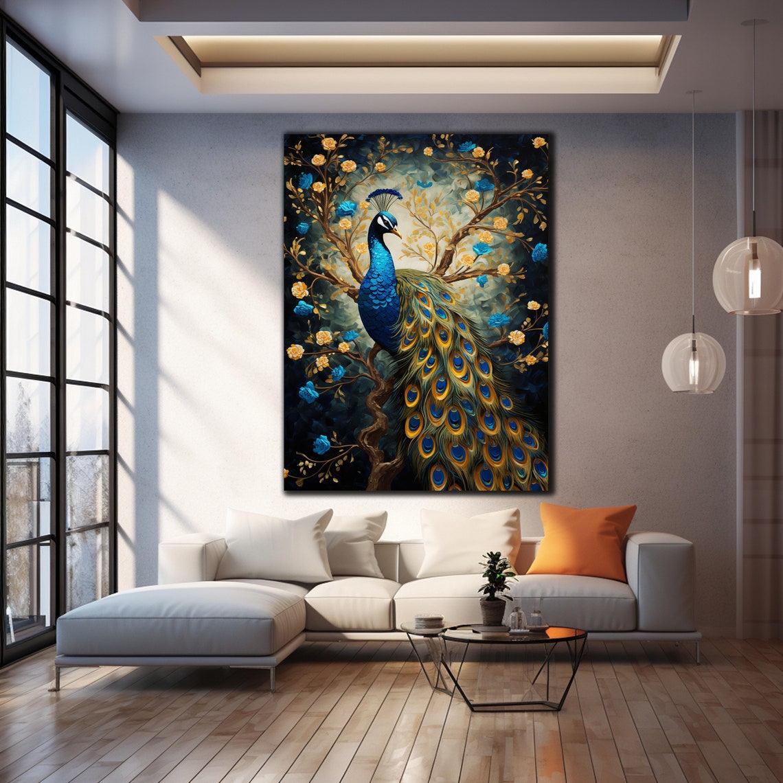 Blue Peacock Golden Feathers Blossoms Dark Painting Animal Wall Print - Image 2