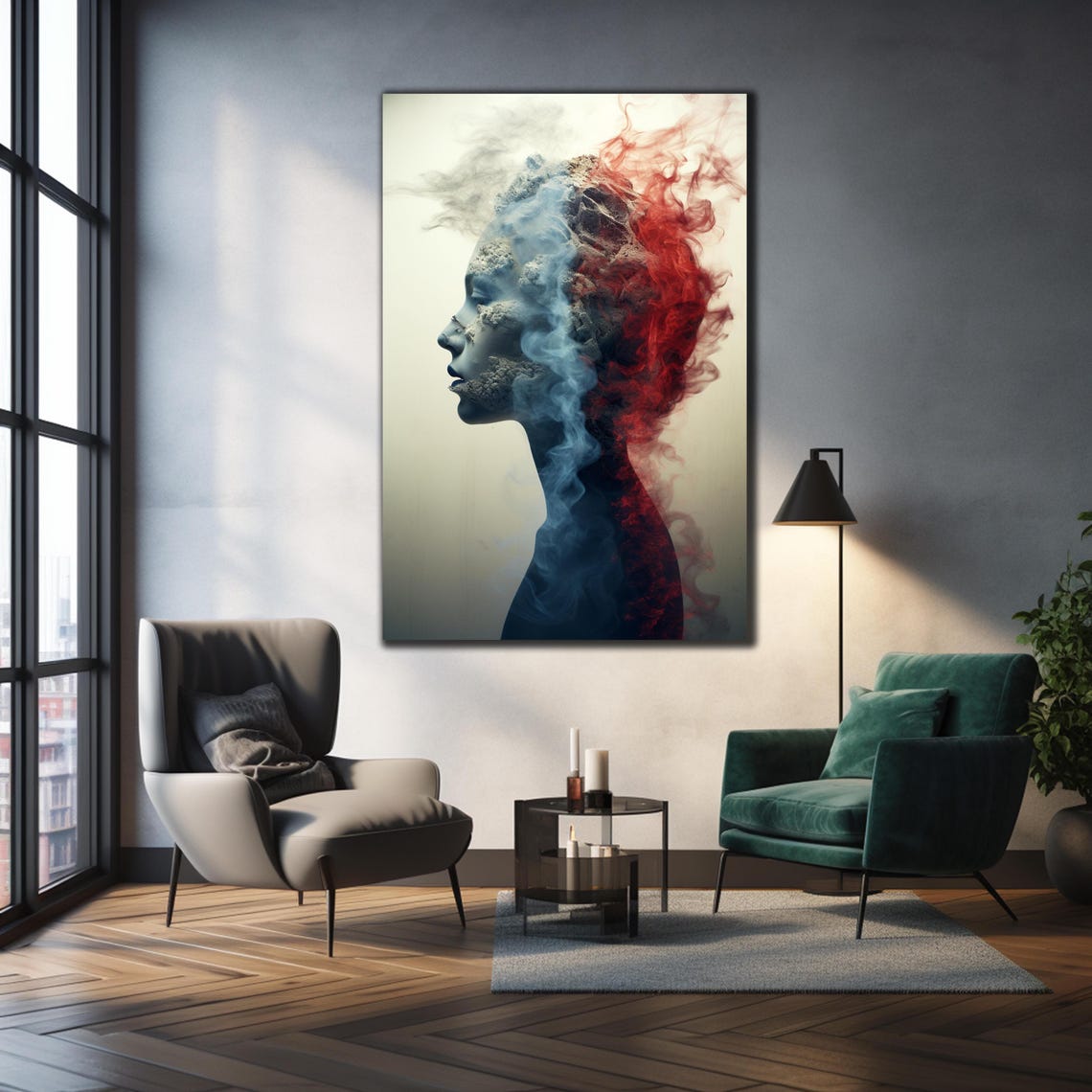Abstract Woman Profile Dissolving Blue Red Smoke Surreal Wall Art - Image 3