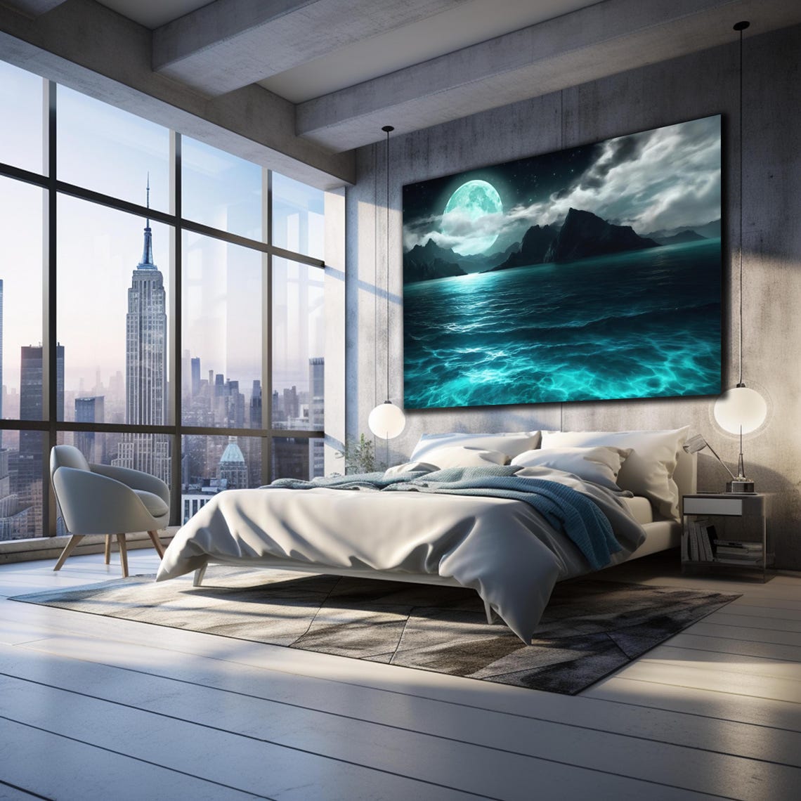 Full Moon Ocean Night Waves Mountain Silhouette Glass Wall Art Poster - Image 3