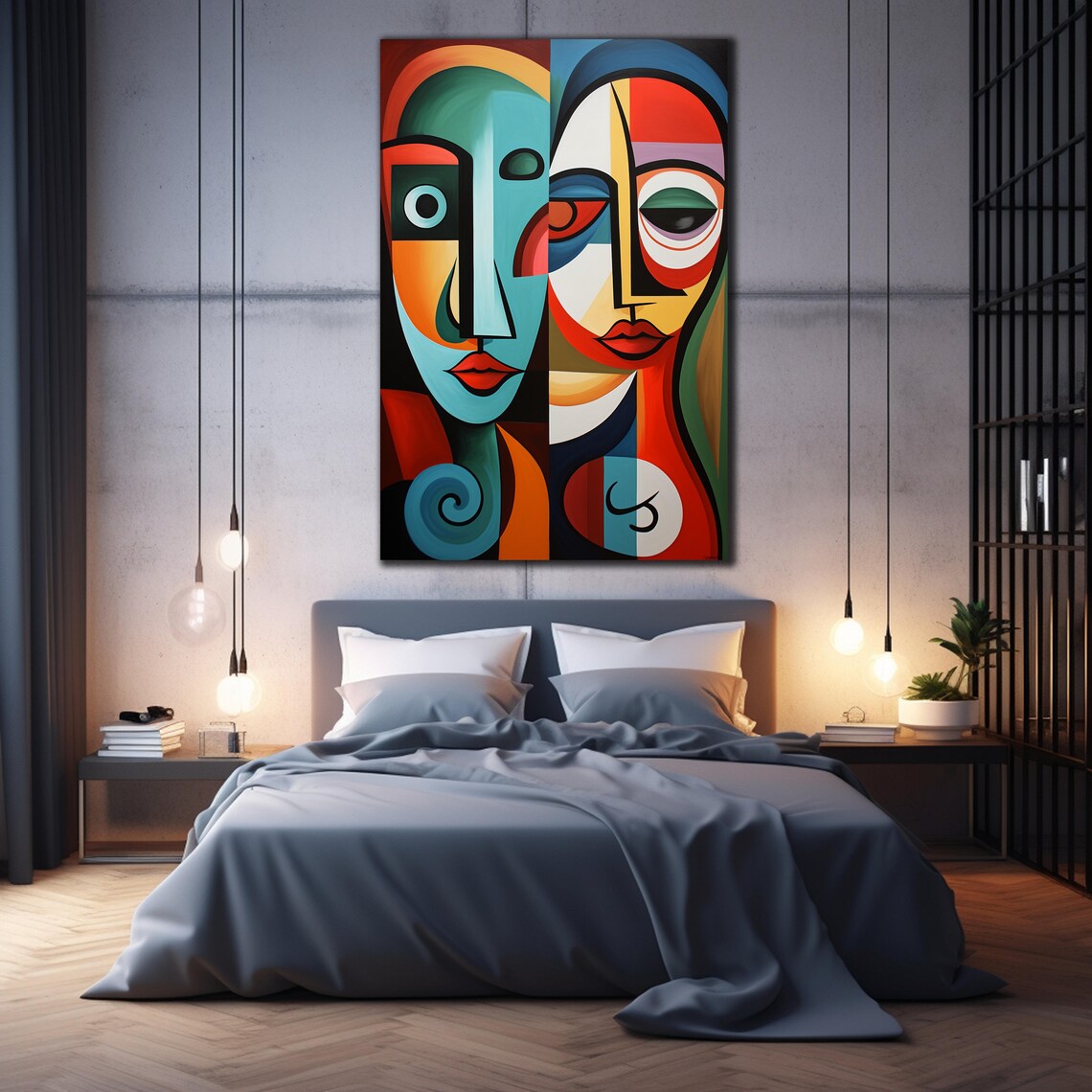 Cubist Faces Glass Wall Art Teal Orange Geometric Abstract Portrait Decor Print - Image 4