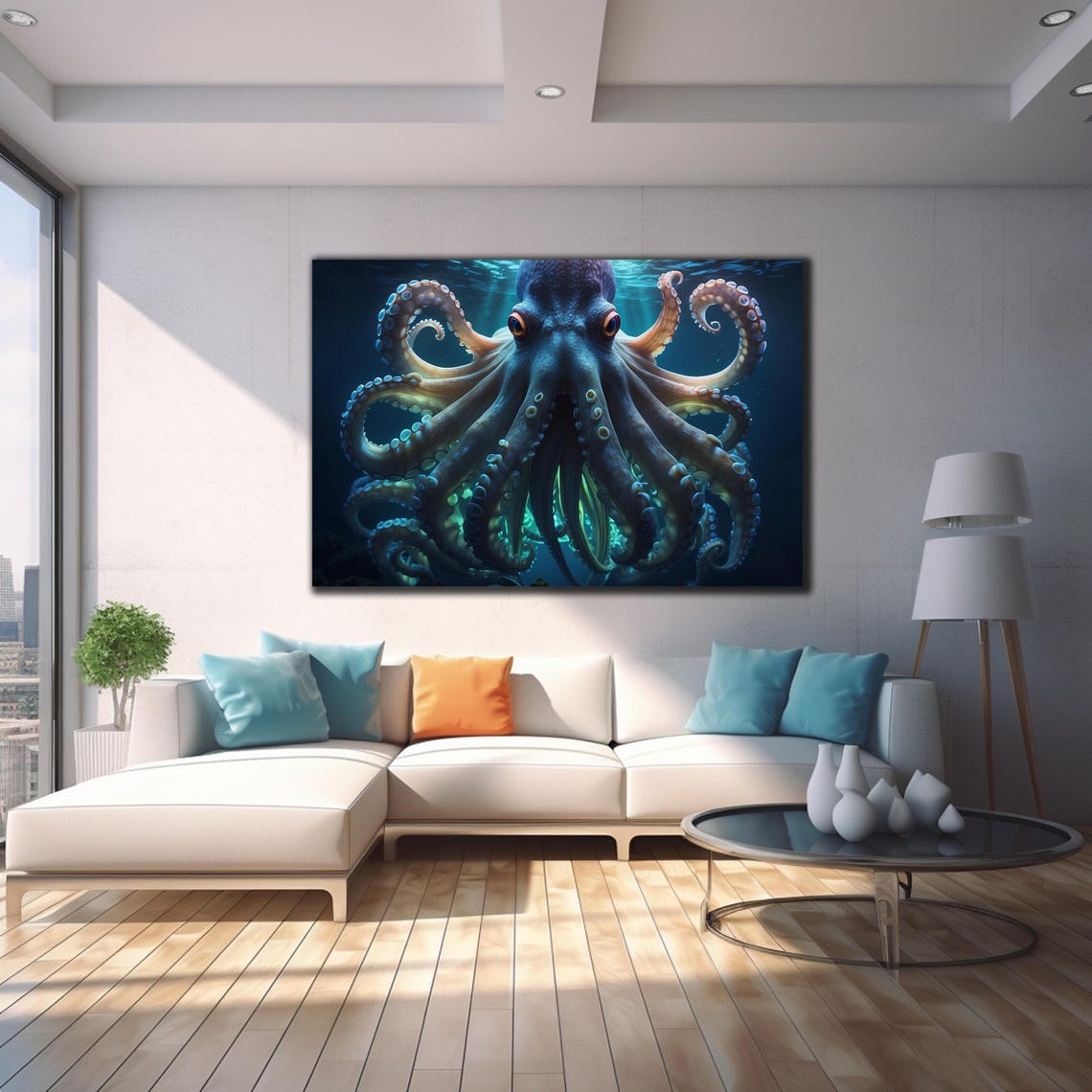 Realistic Giant Octopus Front View Sunlit Ocean Deep Sea Poster - Image 4