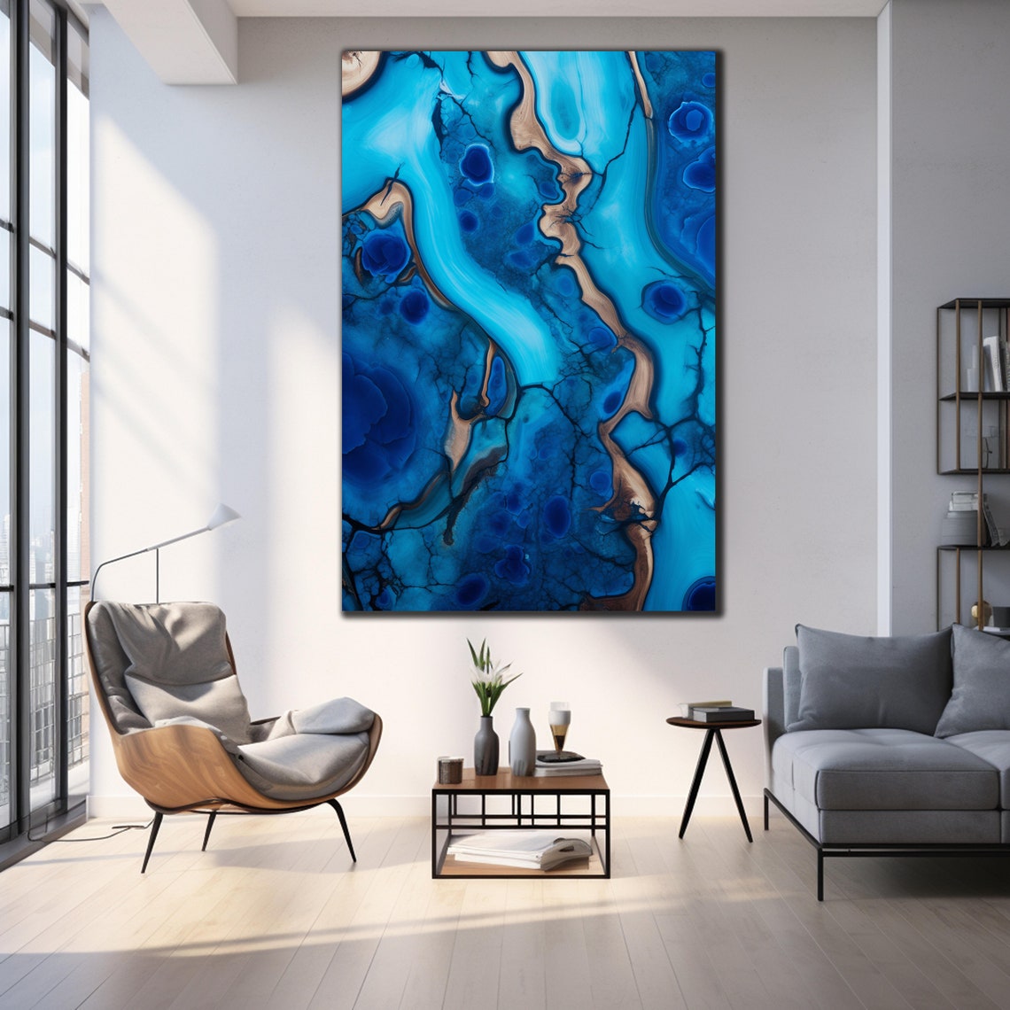 Blue Epoxy Resin Art Gold Vein Abstract Luxury Agate Style Wall Poster - Image 3