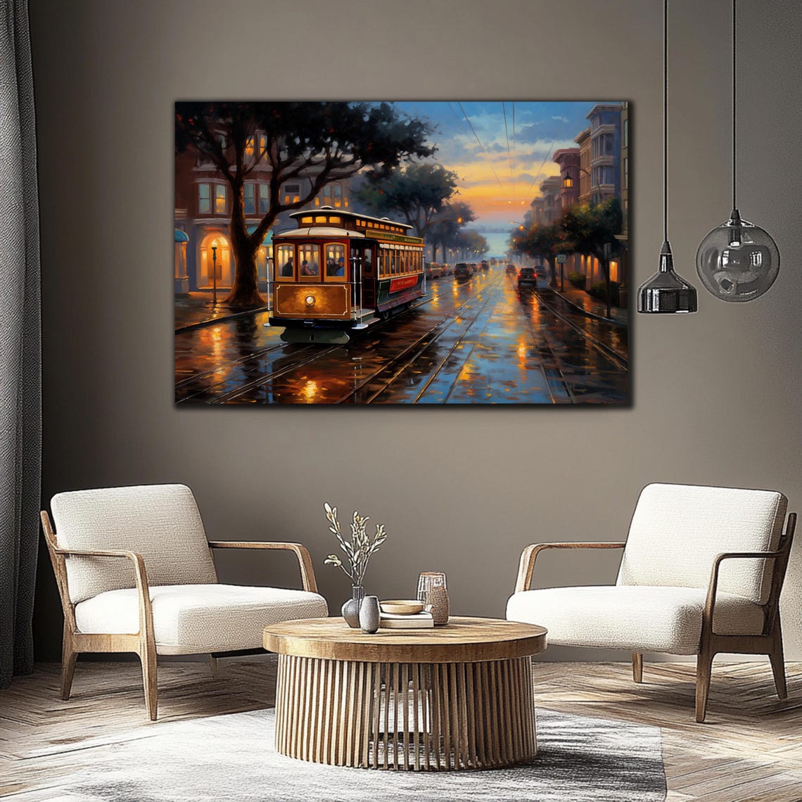 San Francisco Cable Car Sunset Wet Street Golden Reflections Print - Image 3