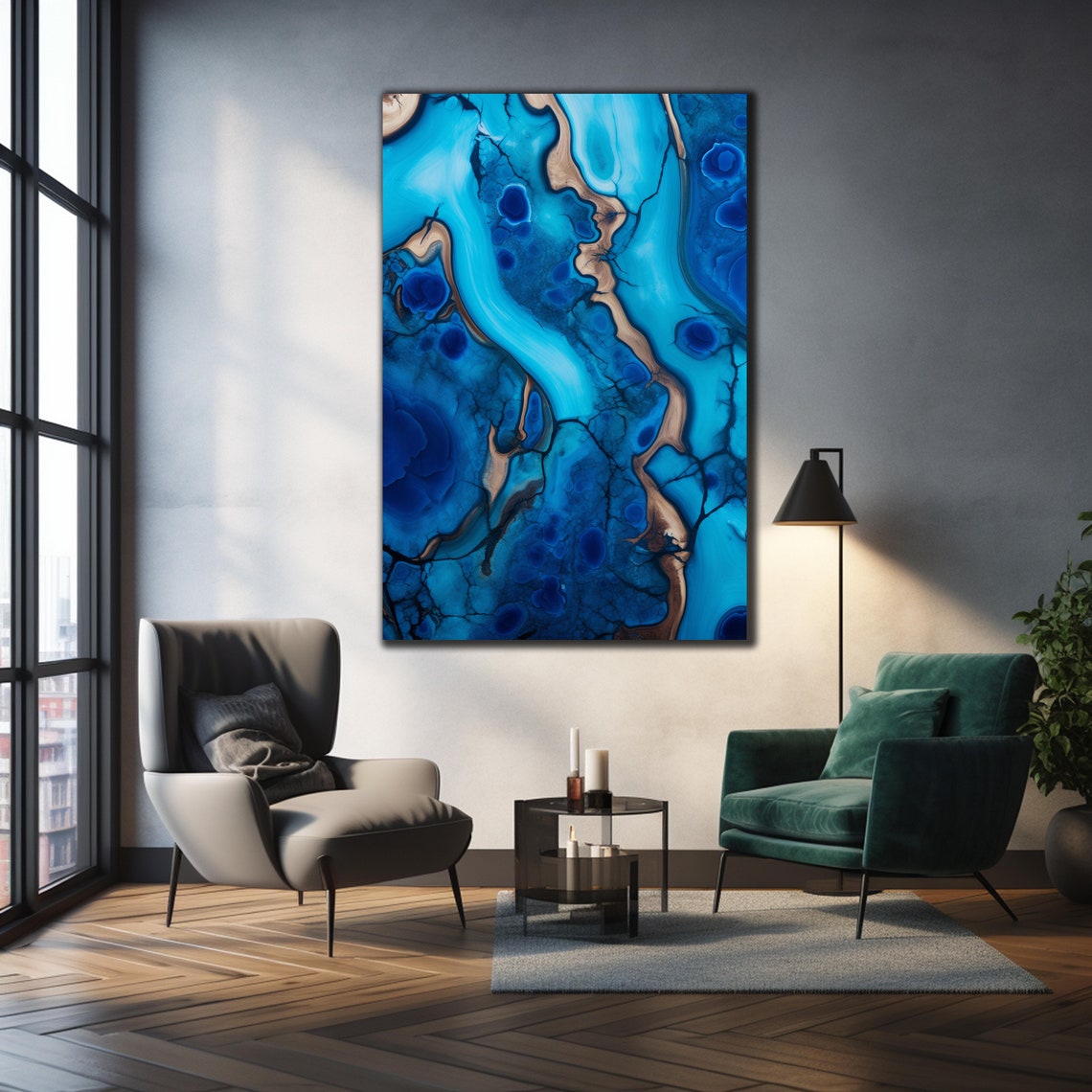 Blue Epoxy Resin Art Gold Vein Abstract Luxury Agate Style Wall Poster - Image 2