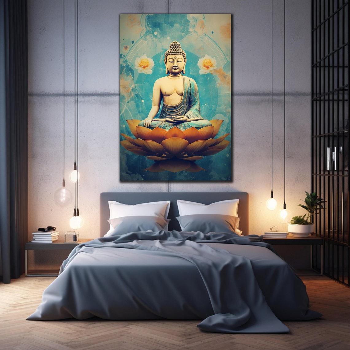 Buddha Meditating Amber Lotus Teal Background Zen Wall Art Poster - Image 2