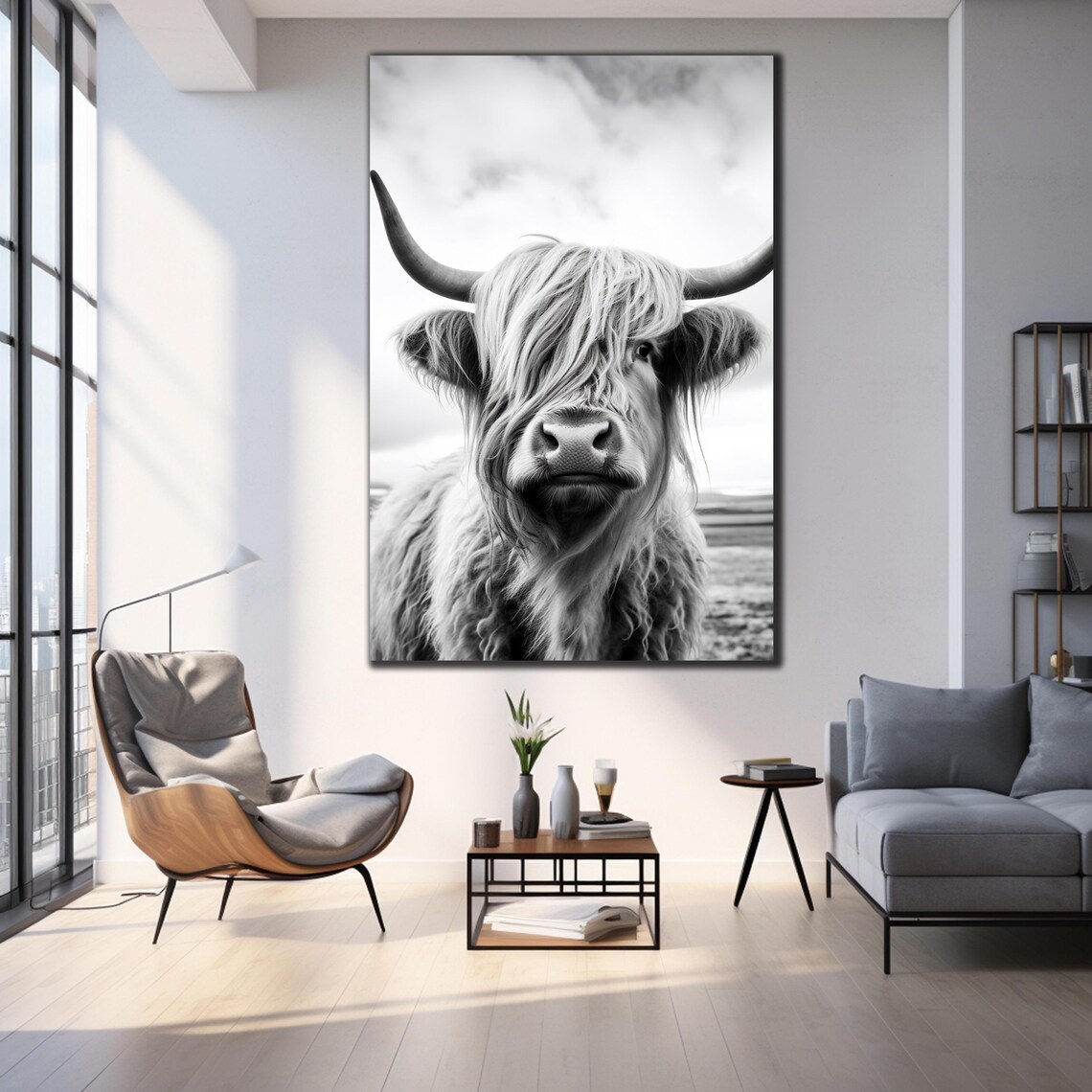 Scottish Highland Cow Black White Close Up Shaggy Portrait Poster - Image 3