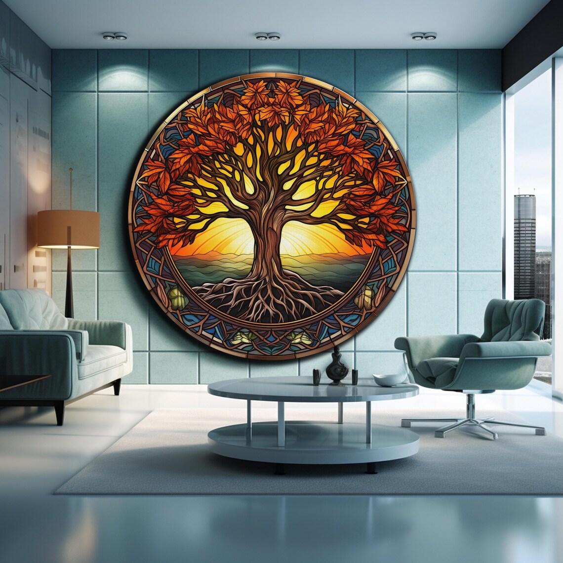 Tree of Life Round Stained Glass Autumn Leaves Sunrise Wall Art Poster - Image 2