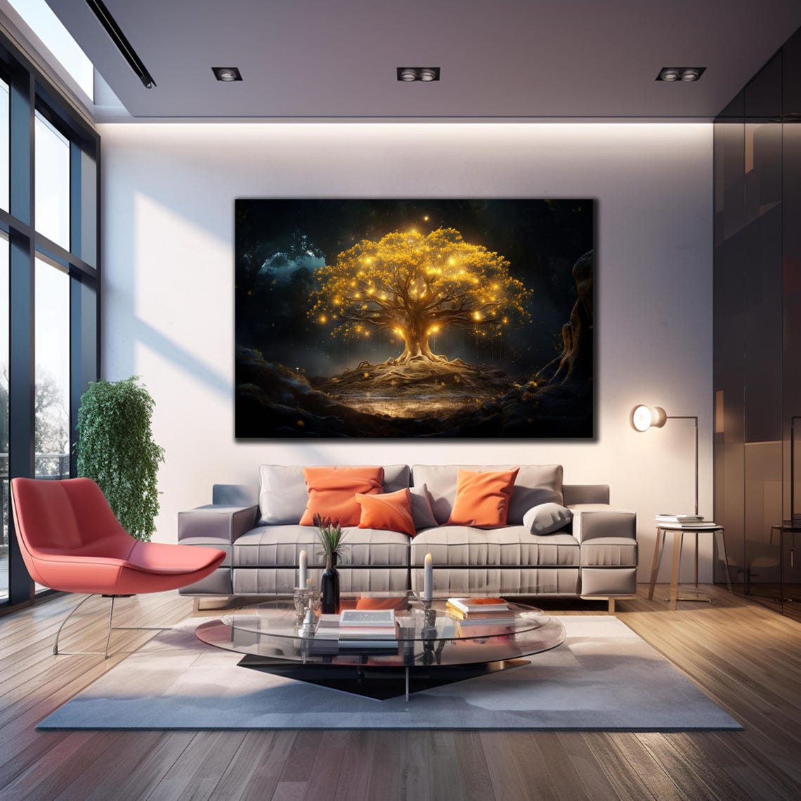 Golden Glowing Tree of Life Night Forest Firefly Magic Wall Art - Image 4