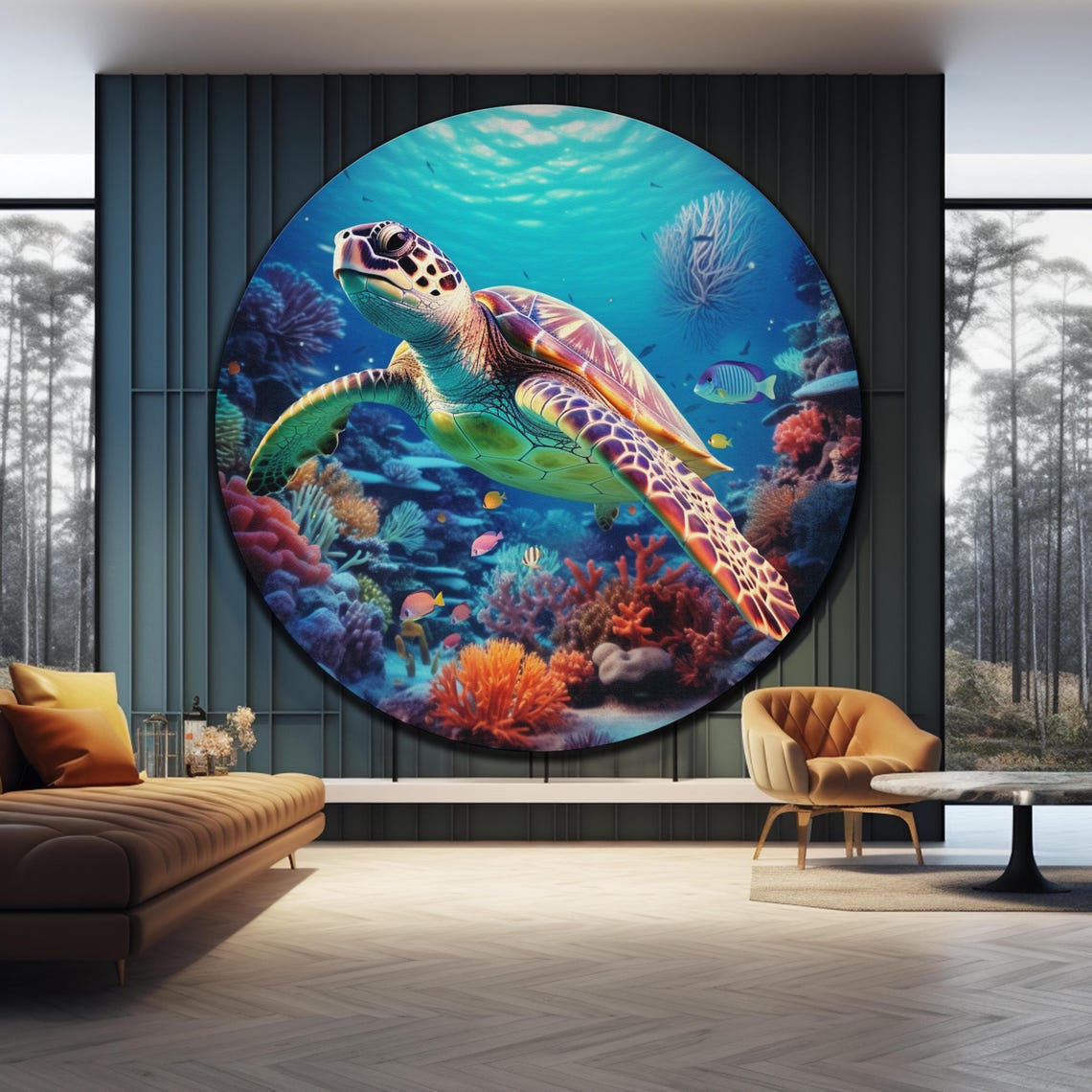 Sea Turtle Coral Reef Ocean Life Colorful Underwater Round Wall Art - Image 3