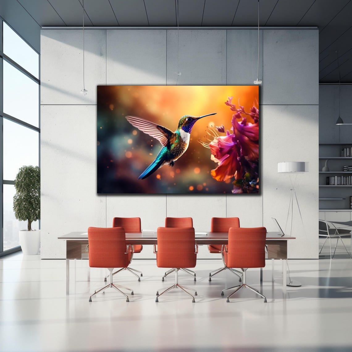 Hummingbird Golden Bokeh Red Orange Flowers Iridescent Wings Poster - Image 2