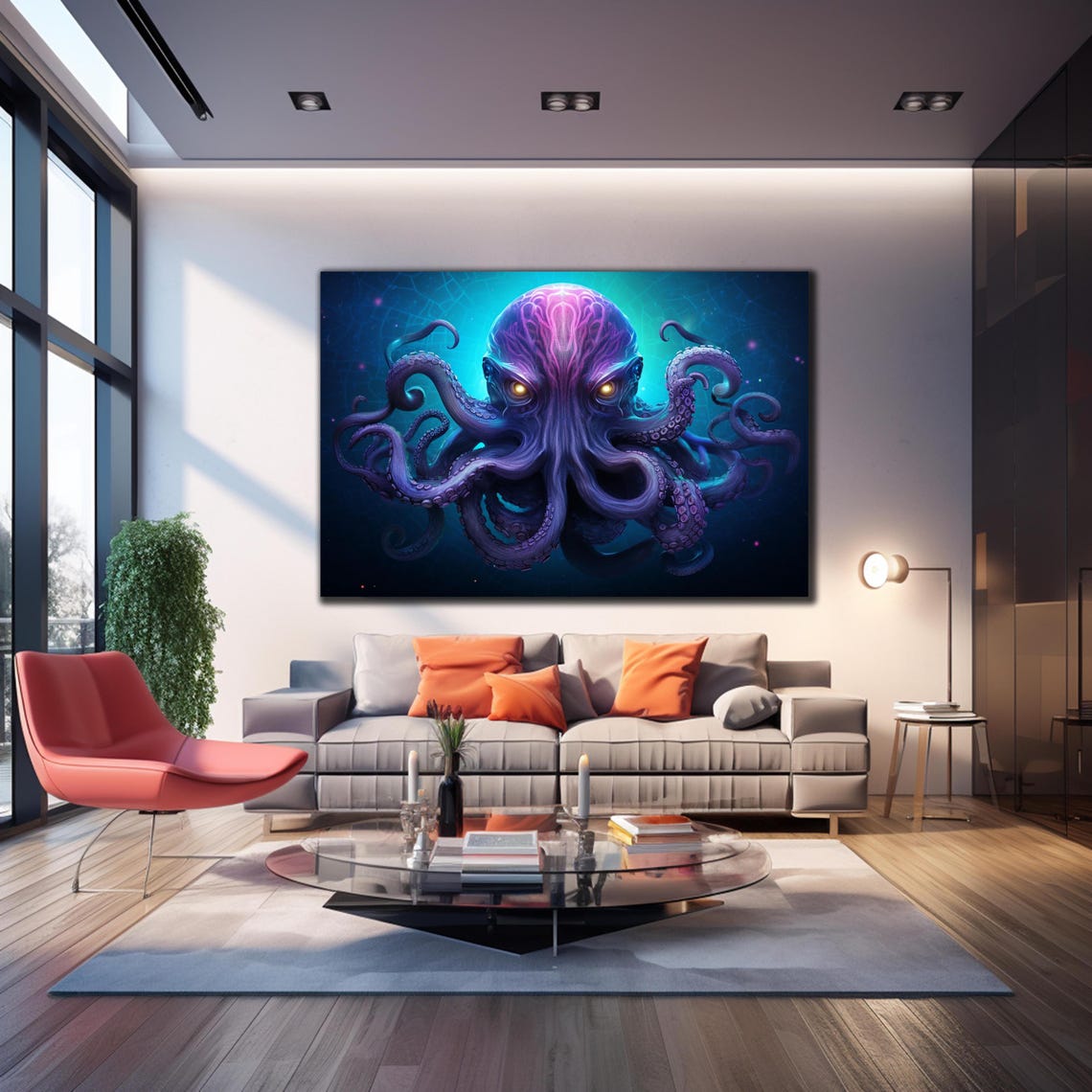 Neon Purple Octopus Front View Glowing Eyes Deep Sea Ocean Print - Image 3