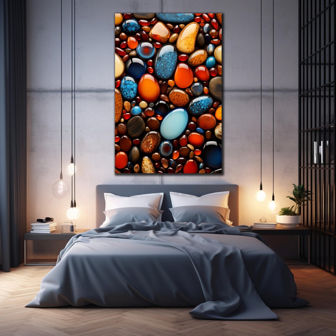 Glossy River Stones Orange Blue Red Dark Background Art Wall Poster - Image 4