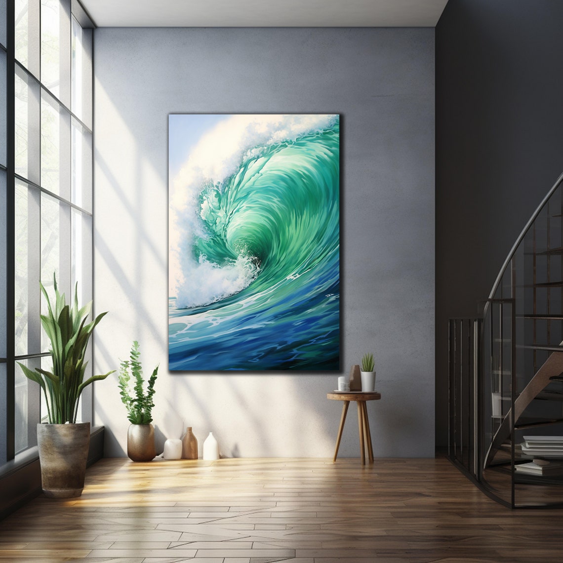 Turquoise Ocean Wave Barrel Painted Surf Art Coastal Wall Poster - Image 3