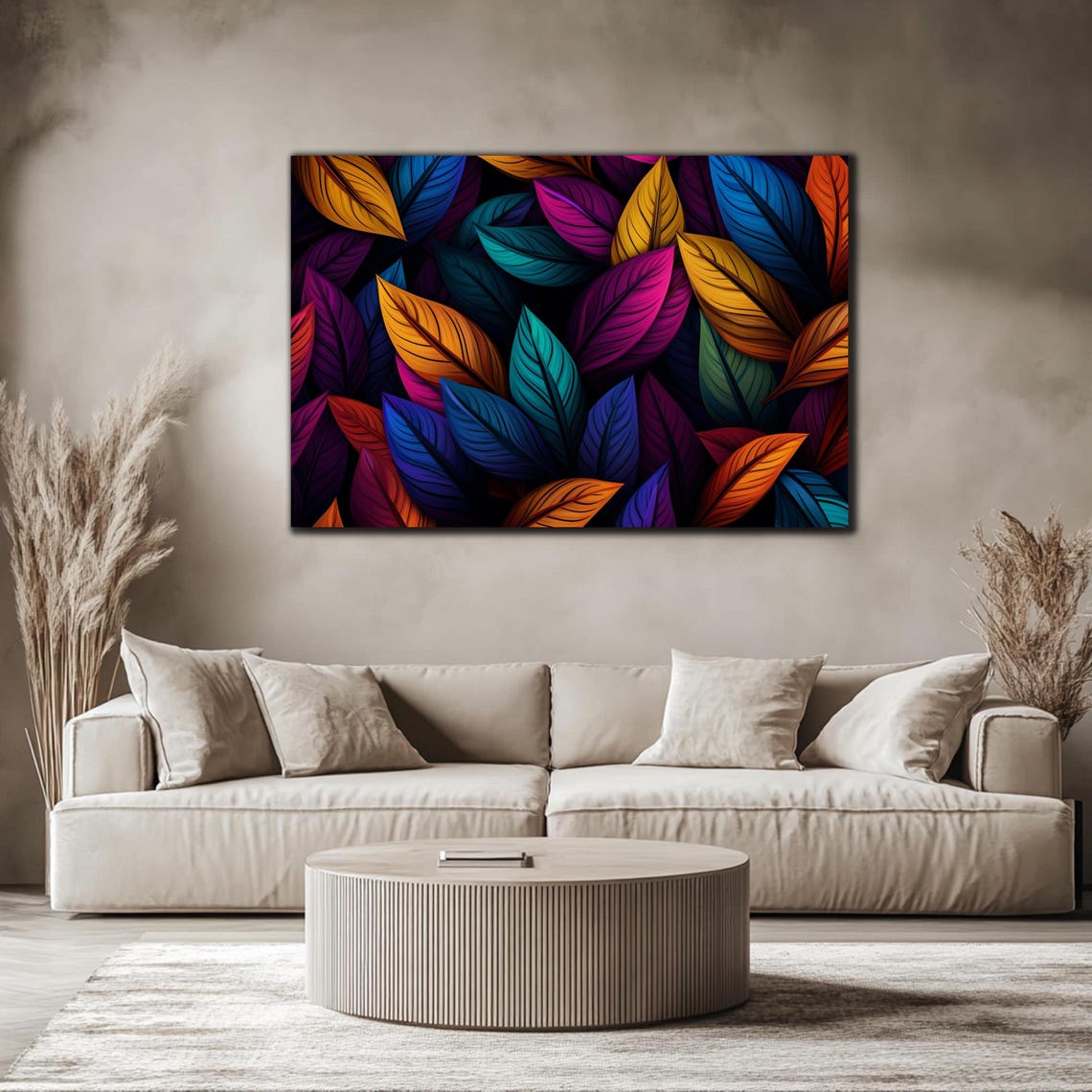 Large Rainbow Leaves on Black Bold Botanical Pattern Modern Poster - Image 4
