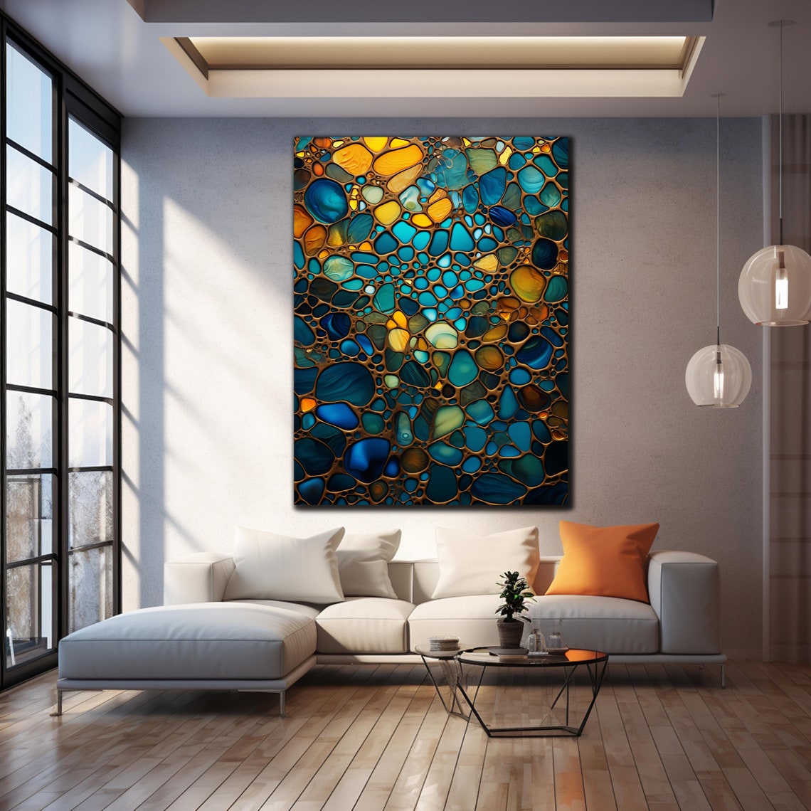 Turquoise Gold Pebble Abstract Pattern Copper Grout Art Wall Poster - Image 2