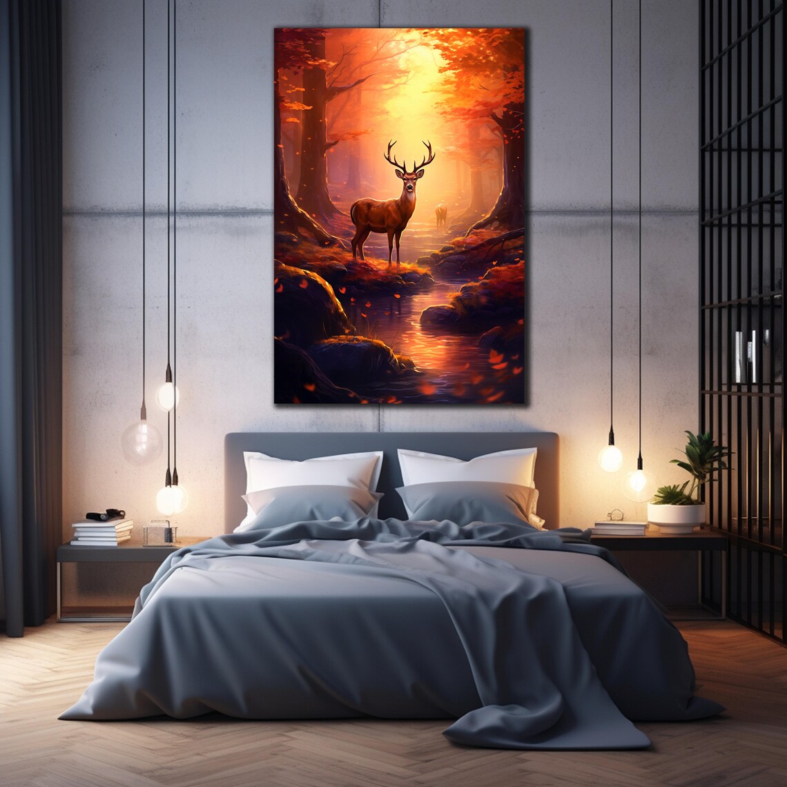 Stag Glass Wall Art Autumn Forest Red Orange Foliage Sunset Stream Decor Print - Image 3